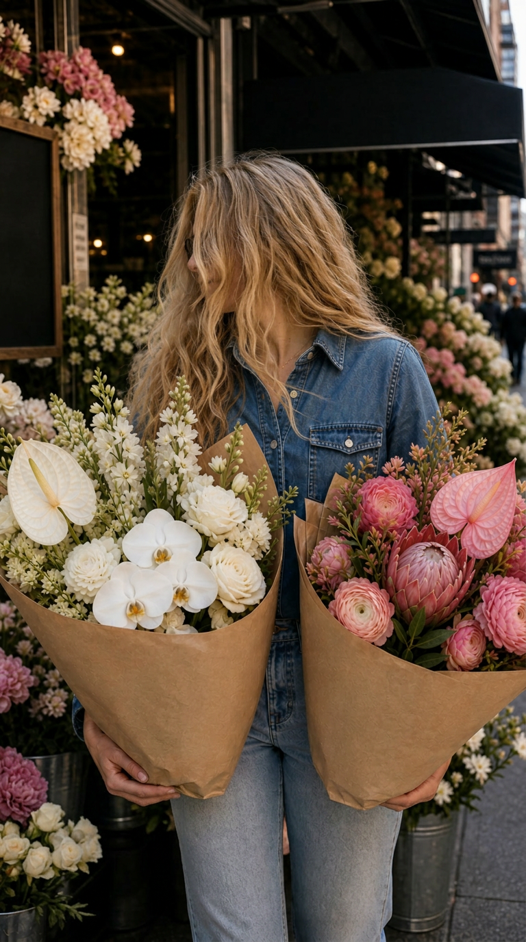 Woman in the flower district carrying two bouquets in white and blush tones